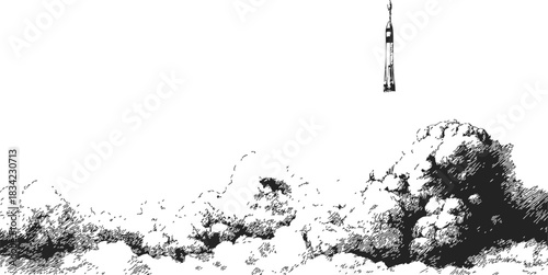 Rocket launch sketch, hand drawn style with dramatic smoke clouds. Vector illustration