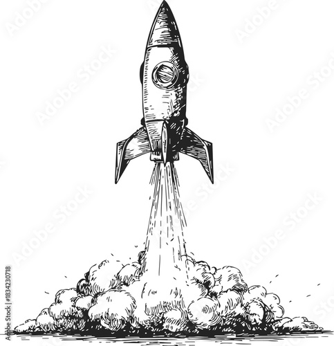 Rocket sketch hand drawn launching with smoke and flames. Vector illustration