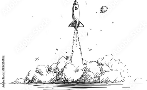 Rocket launch sketch, hand drawn style with smoke clouds and stars. Vector illustration