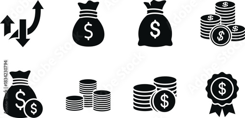 Financial icons set depicting growth money bags and currency stacks