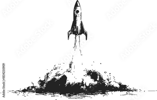 Rocket launch sketch hand drawn style with smoke and flames. Vector illustration