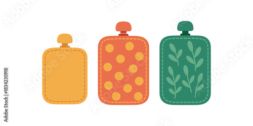 Flat vector illustration reusable snack pouches with small decorative seams rounded soft shapes colorful palette