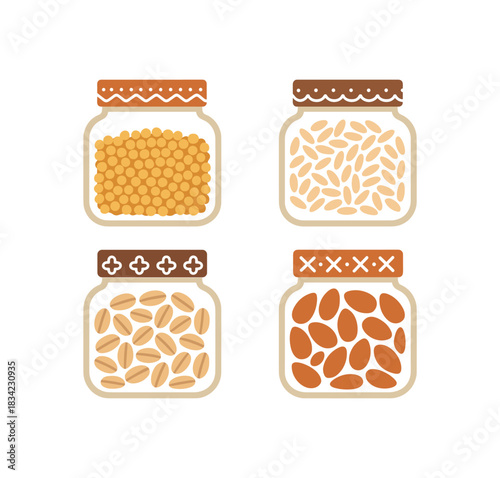 Flat vector illustration 4 jars filled with grains and nuts tiny pattern trims on lids rounded shapes zero contain theme