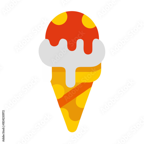A stylized flat icon of a melting ice cream cone with dripping white cream and red topping isolated on a transparent background