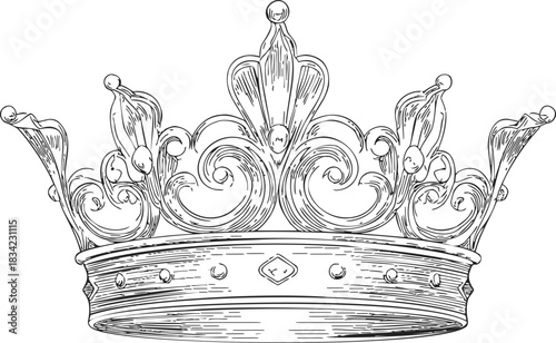 Crown sketch hand drawn ornate royal headpiece with decorative details. Vector illustration