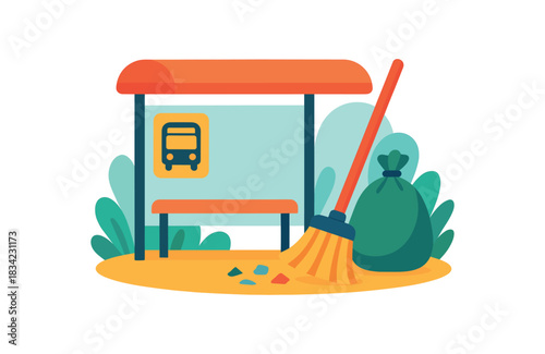Flat vector illustration of colorful cleanup of bus stop area with bold broom and bag rounded shapes clean vector style