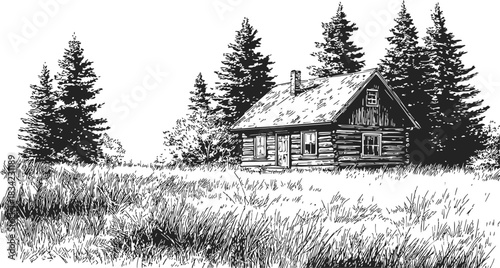 Log cabin sketch hand drawn in forest clearing with pine trees and grass. Vector illustration
