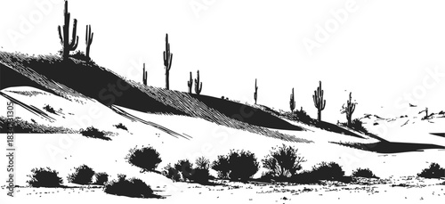 Desert landscape sketch with cacti and shrubs on rolling sand dunes. Vector illustration