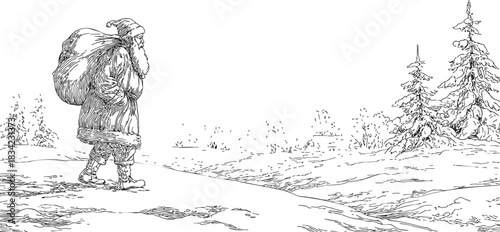 Santa Claus sketch hand drawn walking with sack in snowy winter landscape. Vector illustration