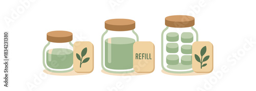 Flat vector illustration refill tablets with small jars rounded shapes flat vector eco life