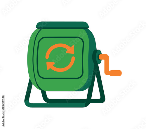 Flat vector illustration of bright compost bin with bold rotation handle and arrows rounded silhouette minimalistic design