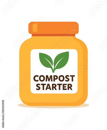 Flat vector illustration of bright compost starter jar with bold leaf logo rounded shapes clean vector look