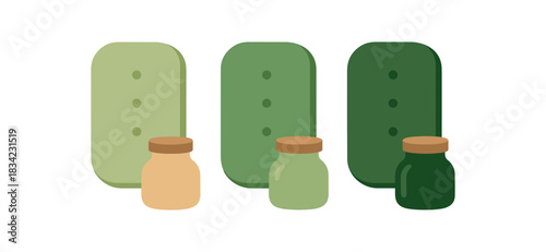Flat vector illustration refill tablets with small jars rounded shapes flat vector eco life