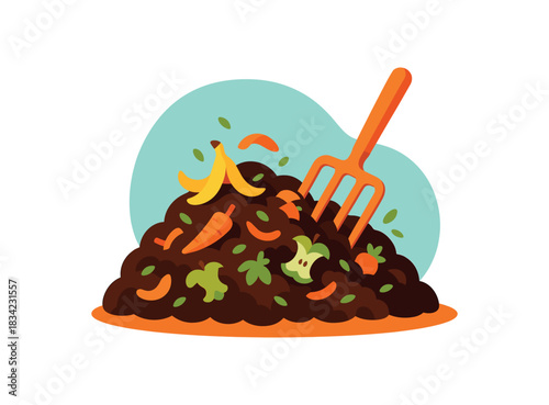 Flat vector illustration of bright compost fork turning vivid pile of organic matter rounded shapes clean vector style