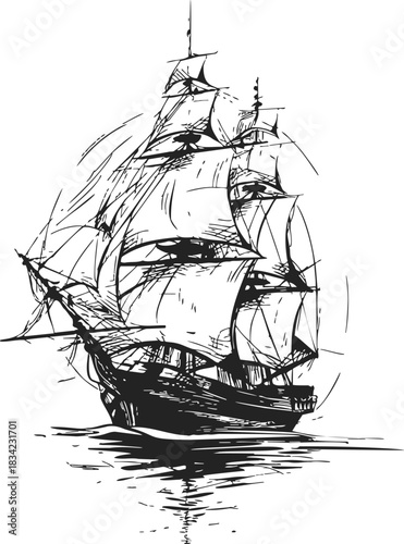 Sailing ship sketch hand drawn with full sails on open water. Vector illustration