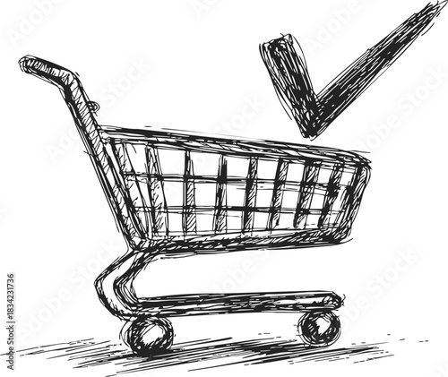 Shopping cart sketch hand drawn with check mark symbol. Vector illustration