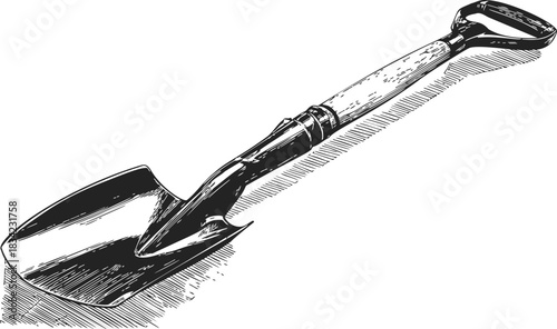 Shovel hand drawn sketch with wooden handle and D-grip. Vector illustration