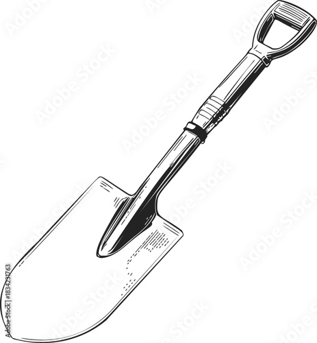 Shovel hand drawn sketch with D handle and pointed blade. Vector illustration