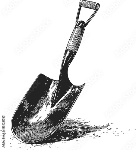 Shovel sketch hand drawn with D handle and soil shadow. Vector illustration
