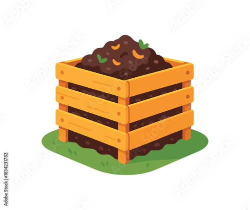 Flat vector illustration of bright compost container made of wooden pallets vivid tones rounded edges clean flat design