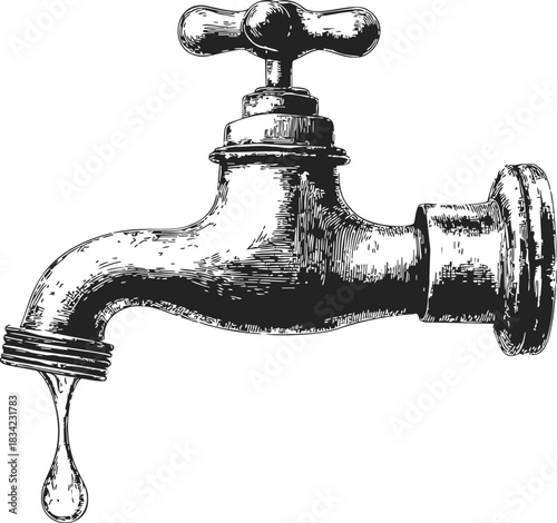 Vintage water faucet sketch, hand drawn style with dripping water. Vector illustration