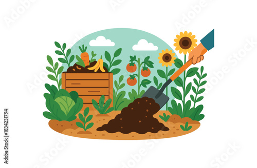 Flat vector illustration of bright compost spreading scene with vivid garden plants growing rounded shapes clean outline sustainable lifestyle