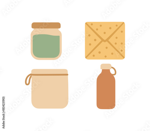 Flat vector illustration 4 eco lunch kit pieces: jar wrap pouch bottle soft rounded shapes