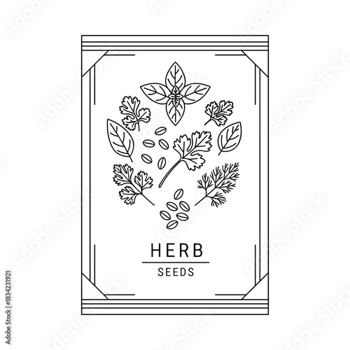 Vintage style herb seed packet illustration with botanical drawings and decorative border