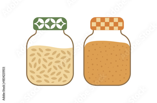 Flat vector illustration 2 grain jars with tiny geometric lid patterns rounded forms eco food