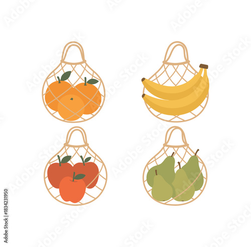 Flat vector illustration 4 fruits stored reusable mesh bags rounded shapes eco food style
