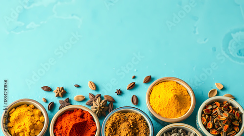 Fototapeta Naklejka Na Ścianę i Meble -  Various types of spices stand in bowls on a blue background, at the bottom of the frame.