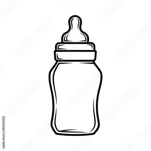 Simple hand drawn sketch of a baby bottle with a nipple and cap on a white background