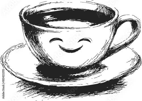 Coffee cup with smiling face sketch, hand drawn on saucer. Vector illustration