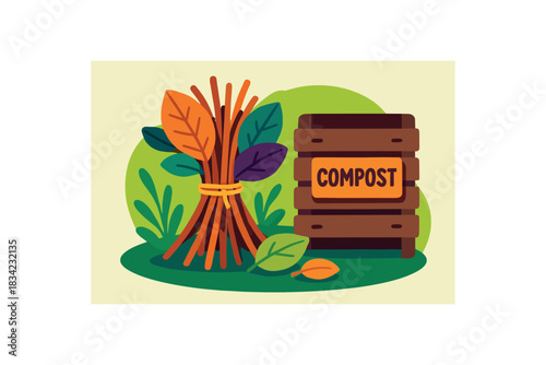 Flat vector illustration of colorful yard waste bundle (twigs leaves) tied near compost area vivid accents rounded forms