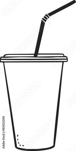 Drink cup with straw sketch, hand drawn style, simple takeaway beverage container. Vector illustration