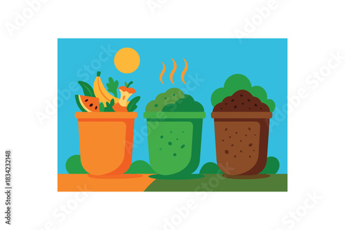 Flat vector illustration of bright threebin compost system: fresh scraps active pile finished compost rounded containers vivid tones