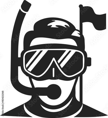Scuba diver icon sketch, hand drawn style with snorkel mask and flag. Vector illustration