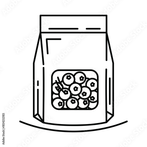 Simple line art icon of a bag of dried blueberries with a clear window