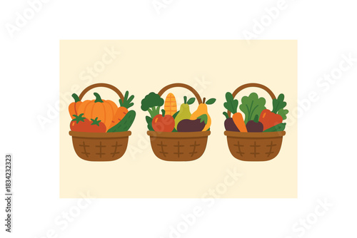 Flat vector illustration fresh market baskets with assorted produce rounded silhouettes colorful eco life palette