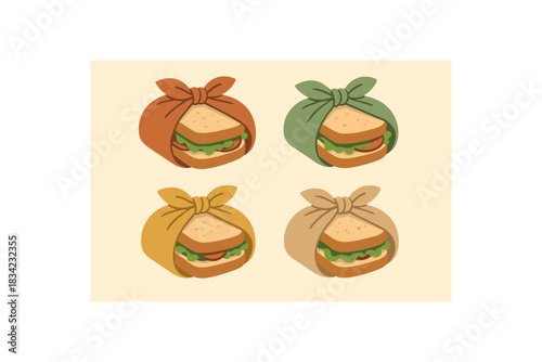 Flat vector illustration 4 fabric lunch wraps tied around sandwiches rounded folds eco life style