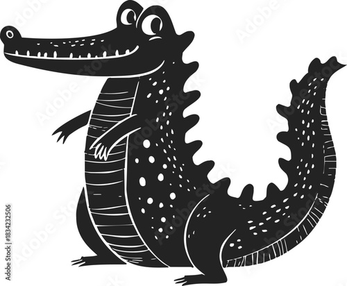 Crocodile cartoon sketch, hand drawn style, smiling upright character with textured body. Vector illustration
