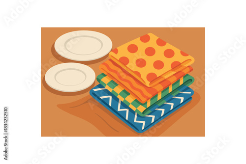 Flat vector illustration of bright cloth napkins stack with bold patterns beside plates rounded folds