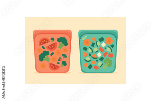 Flat vector illustration 2 silicone food pouches with chopped veggies rounded shapes colorful palette