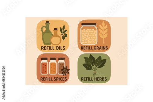 Flat vector illustration 4 refill kitchen sets: oils grains spices herbs rounded shapes eco food