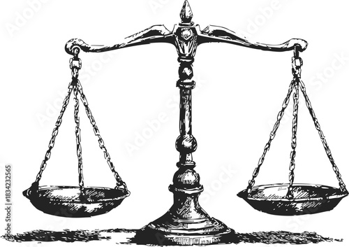 Balance scale sketch, hand drawn vintage style with two suspended pans. Vector illustration