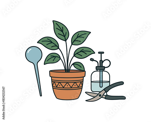 Indoor plant setup watering bulb decorative pot leaf mister pruning shears flat vector illustration minimal isolated abstract shape
