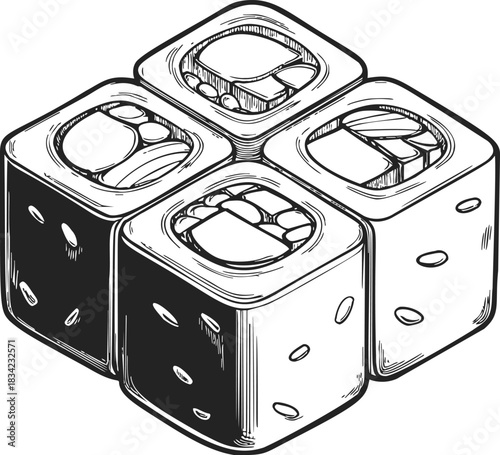 Sushi rolls sketch hand drawn in dice shape, black and white line art. Vector illustration