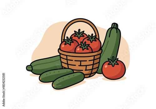 Garden harvest tomatoes zucchini cucumbers basket flat vector illustration minimal isolated abstract shape