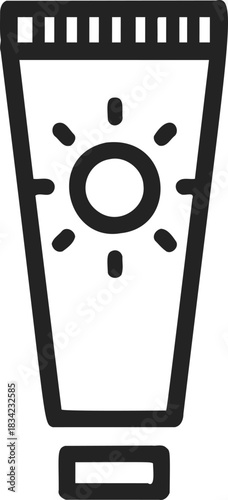 Sunscreen tube sketch, hand drawn vector with sun icon on label. Vector illustration