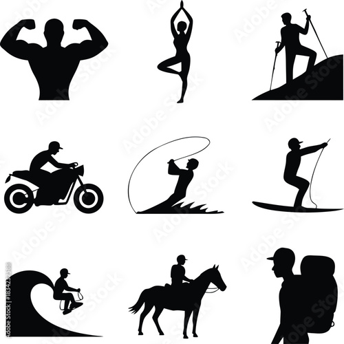 single-color flat silhouettes of eight different lifestyle categories — gym bodybuilder, yoga pose, mountain hiker, motorbike rider, fisherman, surfer, horse rider, traveler with backpack 